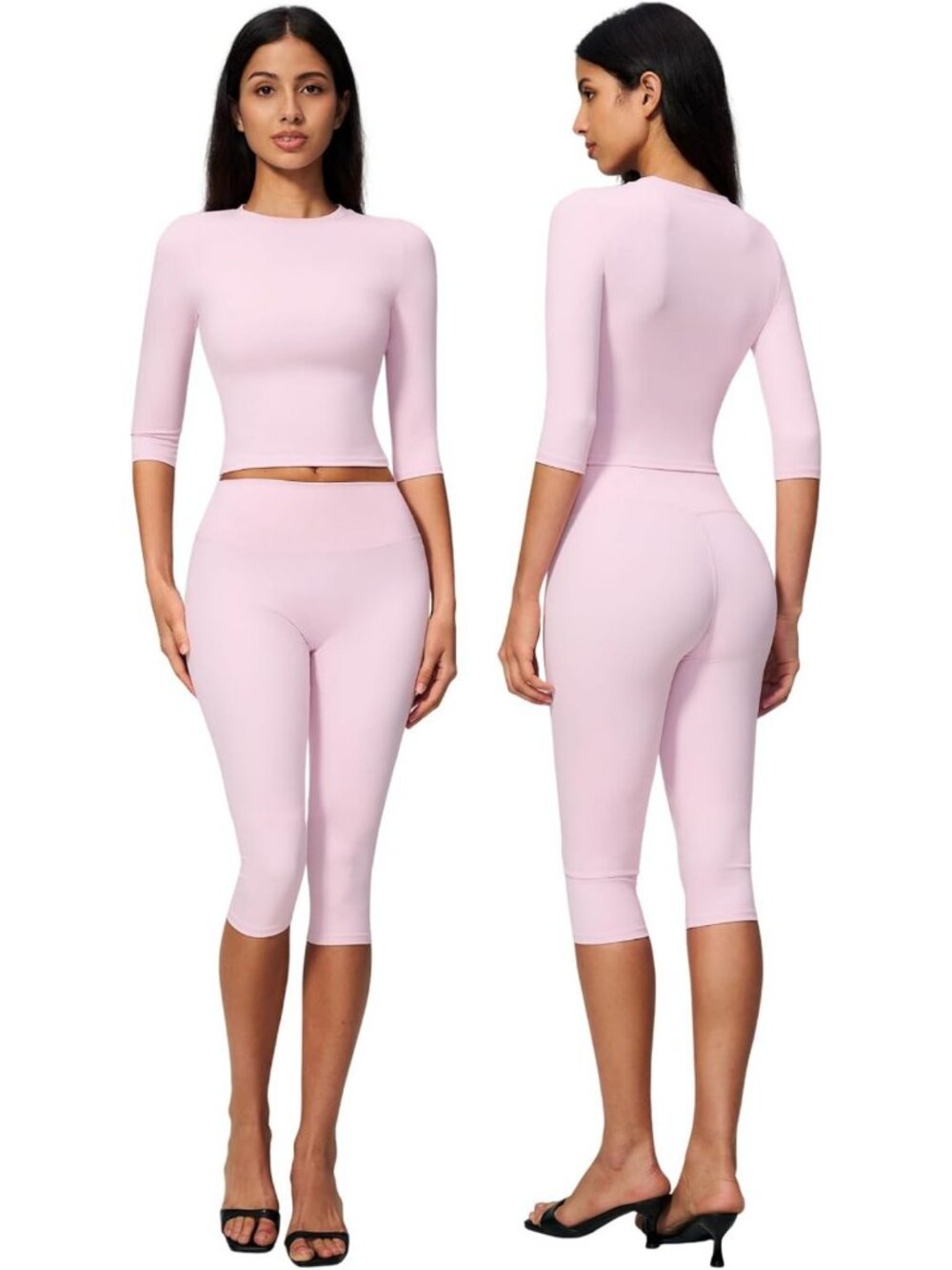 Stylish Women's 2-Piece Workout Set - 3/4 Sleeve Top & Wide Leg Capri Pants for